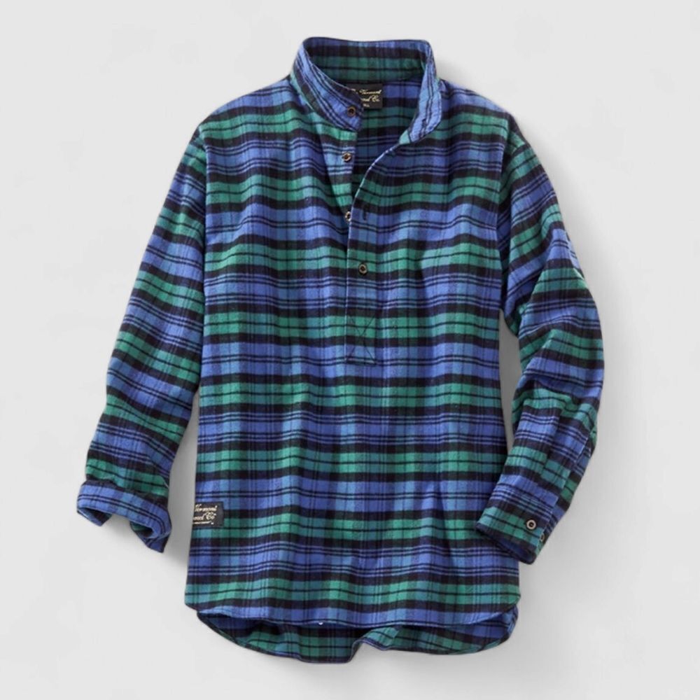 The Vermont Flannel Company Henley Pull Over Shirt In Black Watch Blue Plaid OS